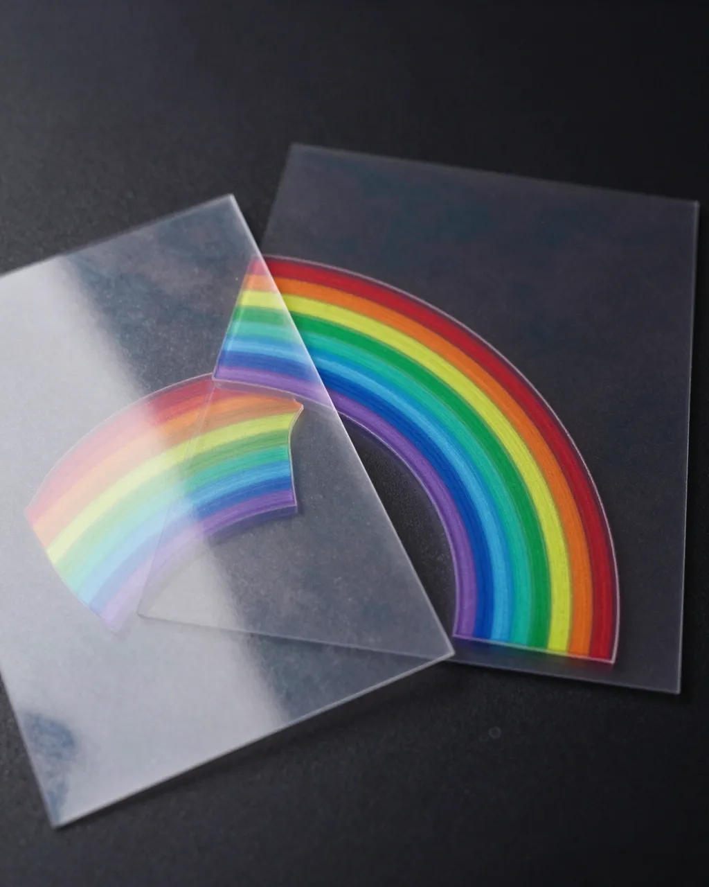 Glowing rainbow stress color patterns appear between two overlapping clear polarizing sheets on a dark background