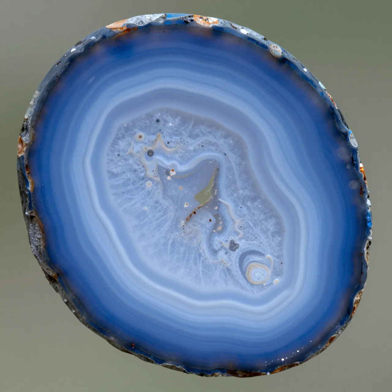 Close-up macro view of a polished blue agate slice with delicate concentric white banding against a muted neutral background