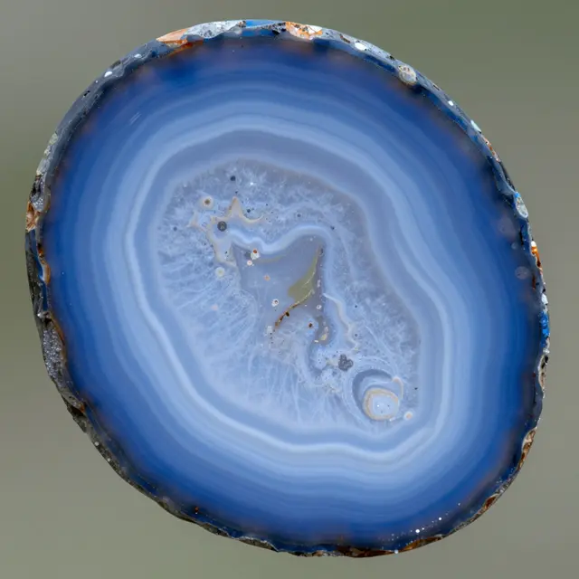 Close-up macro view of a polished blue agate slice with delicate concentric white banding against a muted neutral background