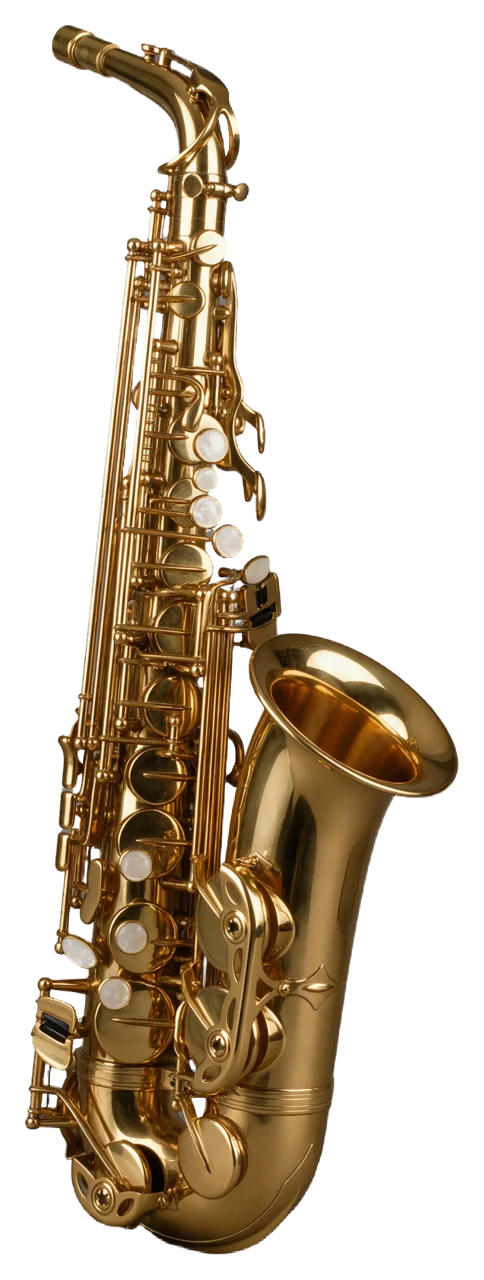 A polished golden brass tenor saxophone with pearl key buttons displayed upright.
