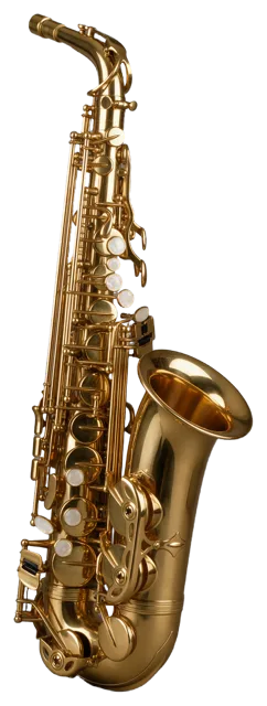 A polished golden brass tenor saxophone with pearl key buttons displayed upright.