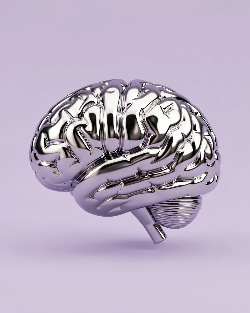 A polished liquid chrome brain sculpture floats against a soft pale lilac studio background.