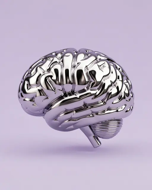 A polished liquid chrome brain sculpture floats against a soft pale lilac studio background.