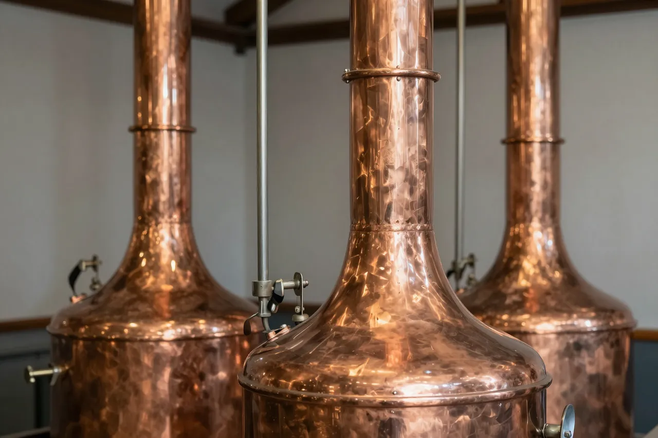 Three hammered polished copper brewing kettles stand in a quiet warm-lit brewhouse interior