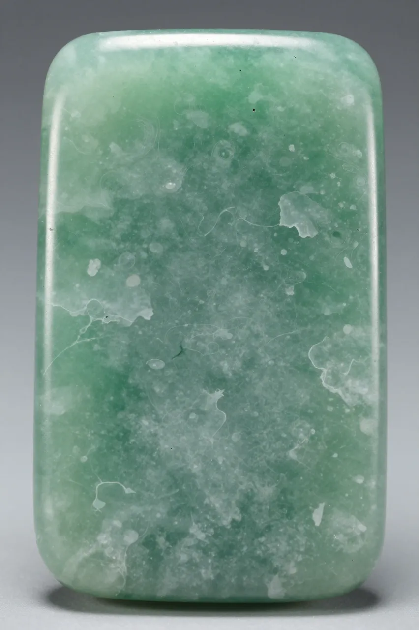 Close-up of a polished rectangular green jade slab with pale cloudy inclusions