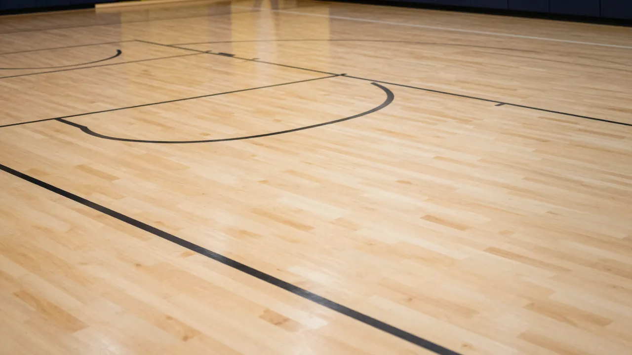 Empty polished wooden indoor basketball court with black painted court lines