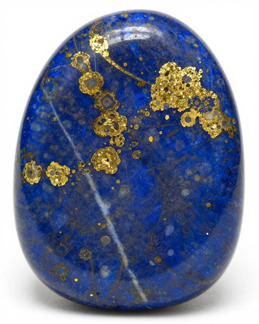 A close-up of a polished lapis lazuli pebble with gold pyrite flecks and pale white veins.
