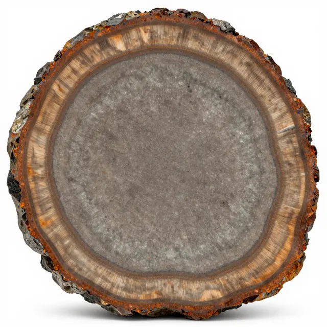Cross-section of polished petrified wood showing concentric grain rings against a plain white background