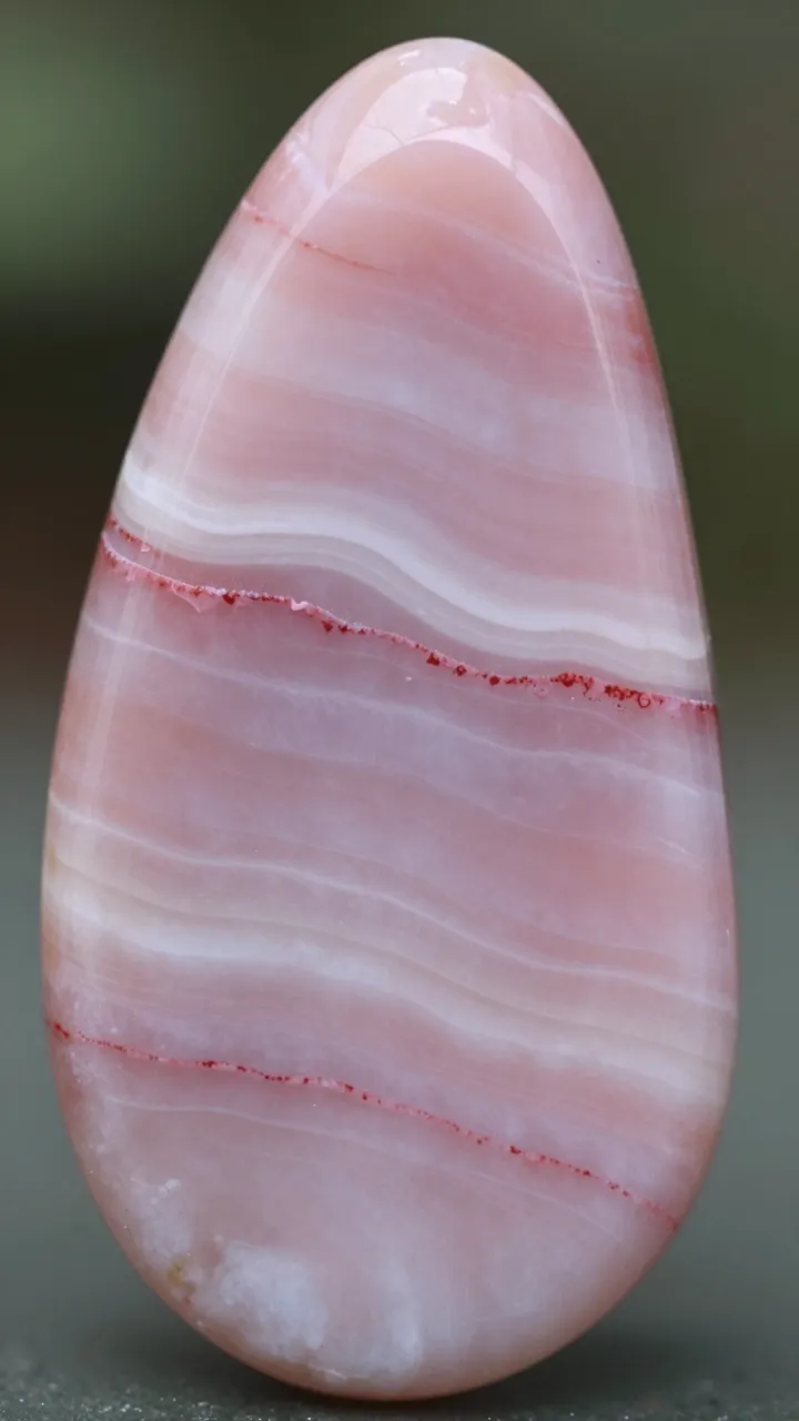 Close-up of a teardrop-shaped polished pink rhodochrosite stone with wavy white and red banding