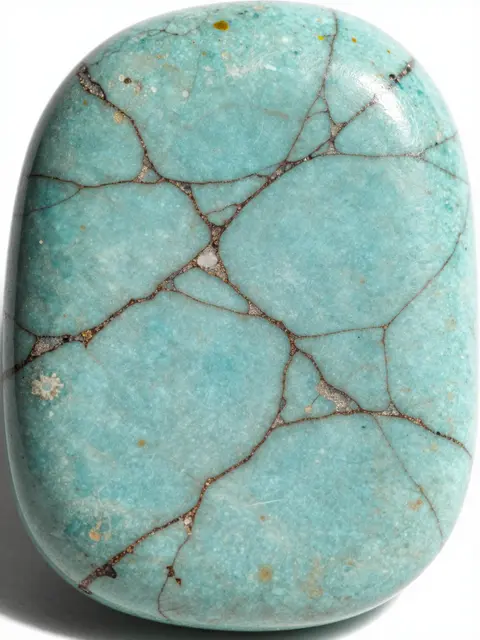 Full frame close-up of polished turquoise stone with web-like dark brown matrix veins