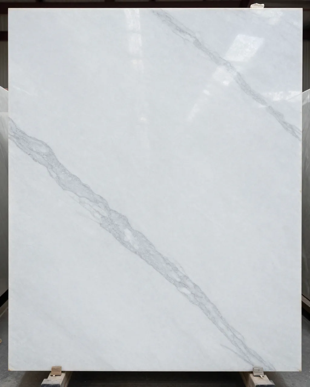 Full frame close up of a polished white quartzite slab with soft gray swirling veins and flat even lighting