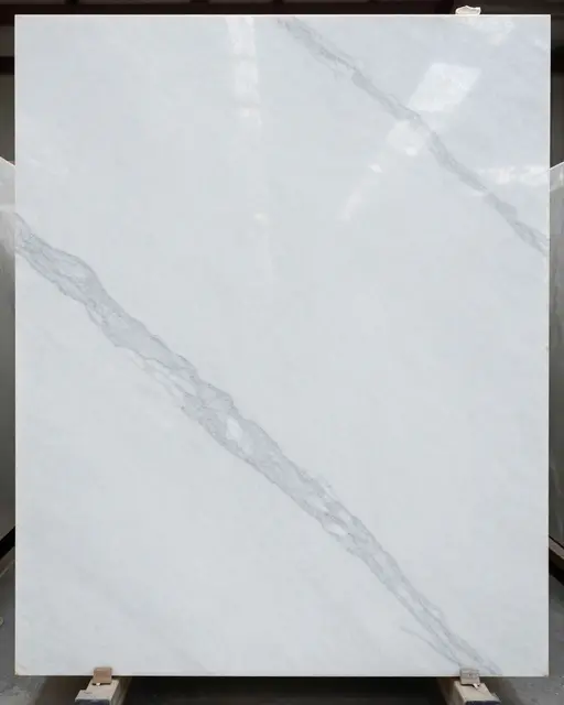 Full frame close up of a polished white quartzite slab with soft gray swirling veins and flat even lighting