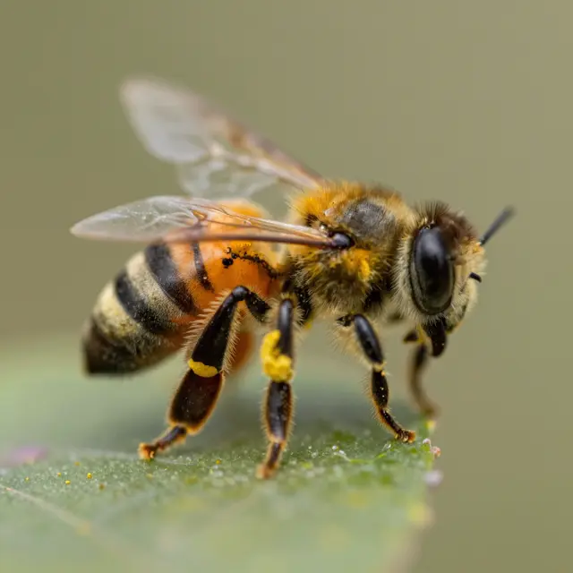 Close-up macro shot of a fuzzy honey bee dusted with yellow pollen resting on a green leaf