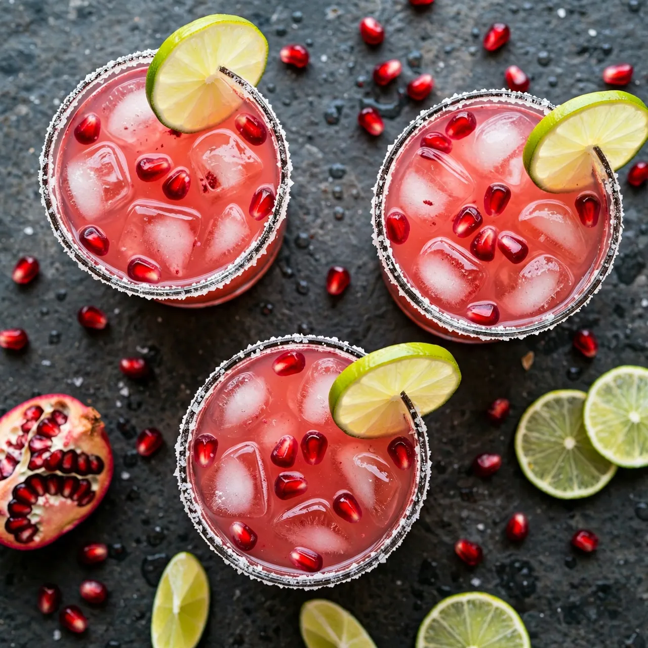 Overhead view of three salt-rimmed pomegranate margaritas with lime garnish on dark stone