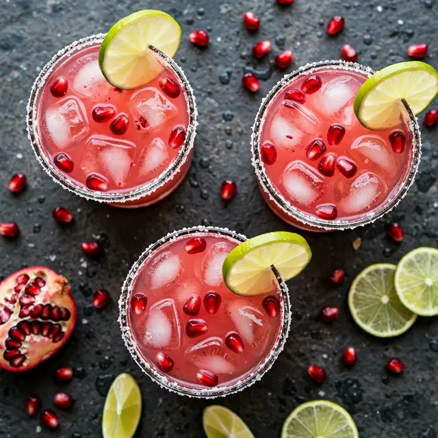 Overhead view of three salt-rimmed pomegranate margaritas with lime garnish on dark stone