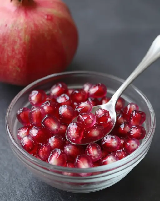 A clear glass bowl of glossy pomegranate arils with a metal spoon sits next to a whole pomegranate on a dark surface
