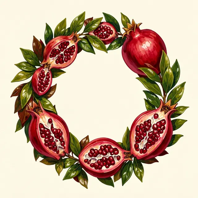 A circular gouache wreath of whole and split pomegranates with glossy green leaves on a cream background