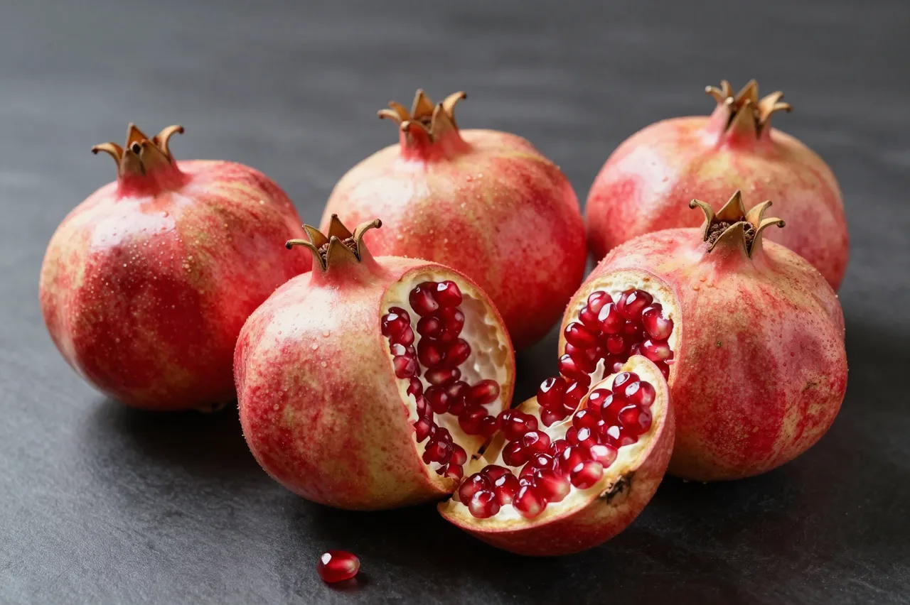 Whole and split open pomegranates with bright red arils arranged on a dark smooth table surface