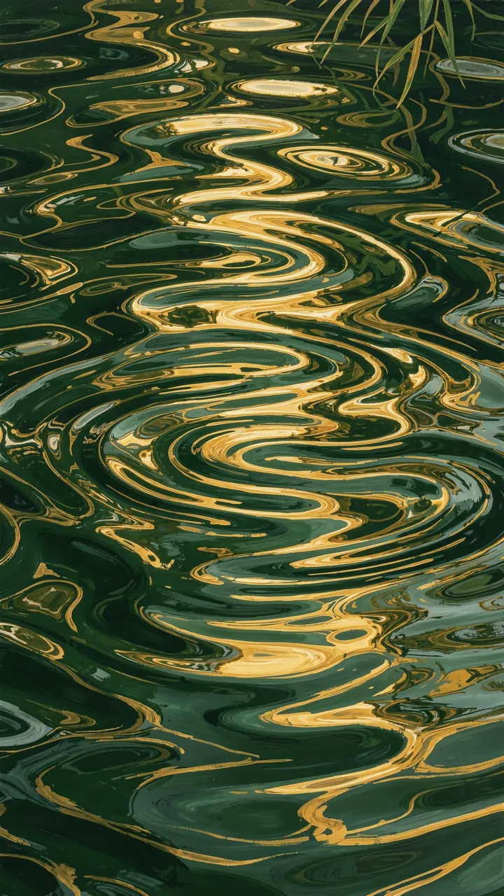 Hand-painted swirling pond ripples in deep green and gold with faint grass blades in the top corner