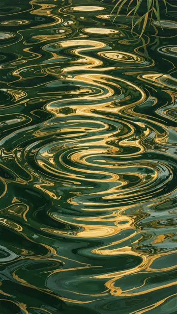 Hand-painted swirling pond ripples in deep green and gold with faint grass blades in the top corner