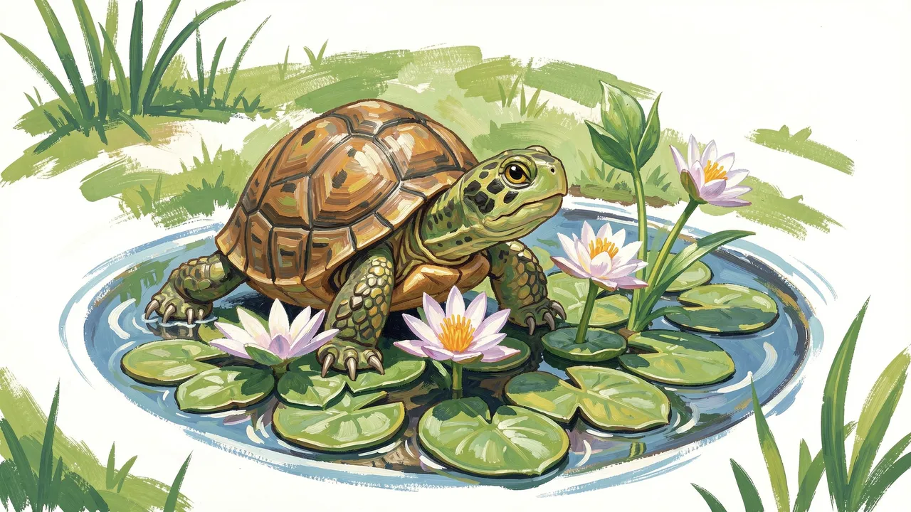 Gouache painting of a cute spotted turtle resting among blooming water lilies in a small pond