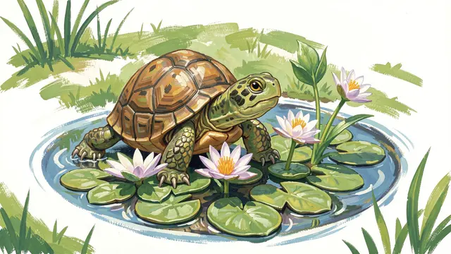 Gouache painting of a cute spotted turtle resting among blooming water lilies in a small pond