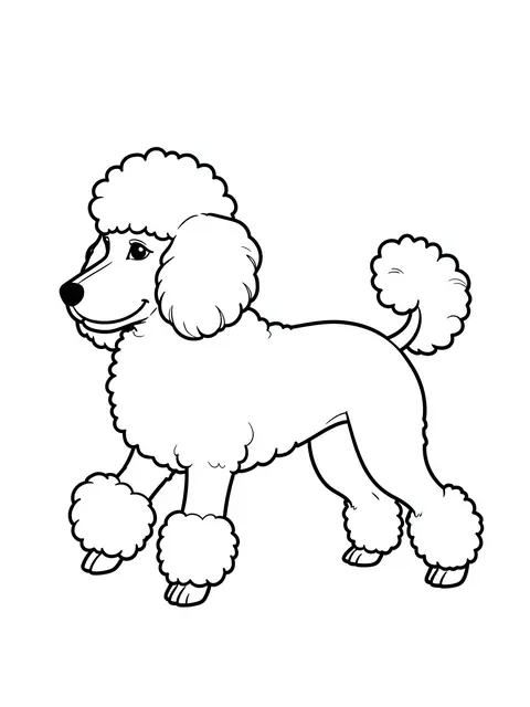 Bold black and white line art of a groomed prancing poodle on a plain white background