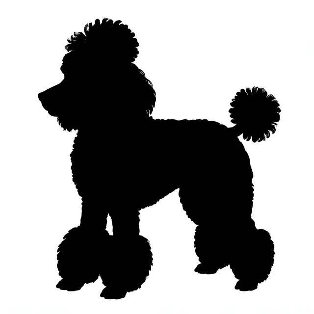 Solid black silhouette of a groomed poodle in profile against a plain white background