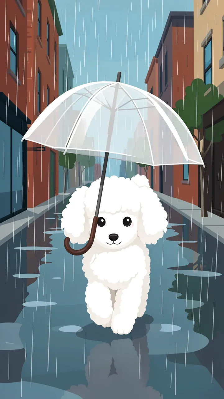 A cute fluffy white poodle holds a clear umbrella while strolling down a rainy city street.