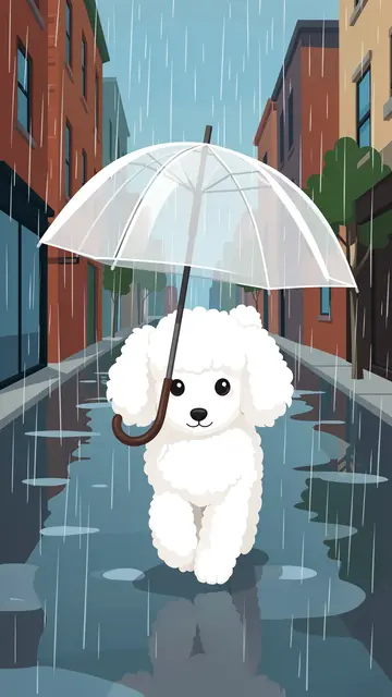 A cute fluffy white poodle holds a clear umbrella while strolling down a rainy city street.