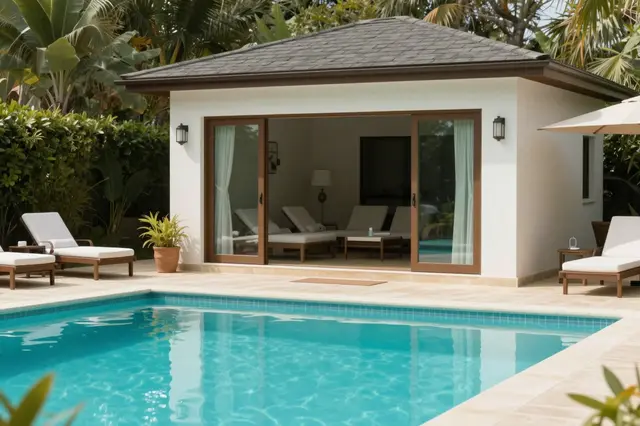 Small pool house with open sliding glass doors beside a turquoise pool and sun loungers surrounded by tropical foliage