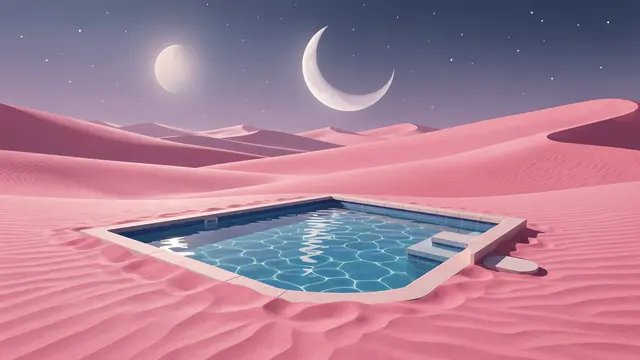 A square swimming pool sits in rippled pink desert sand beneath a starry sky with two moons