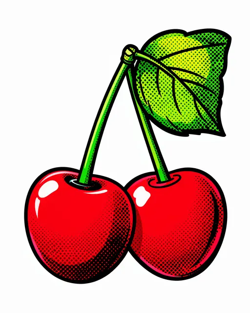 Glossy red cherry pair with a leaf drawn in bold pop art halftone style on a plain white background
