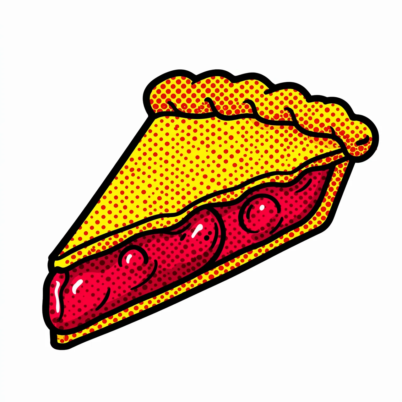 A pop art illustration of a cherry pie slice with thick black outlines and red halftone dots on a white background