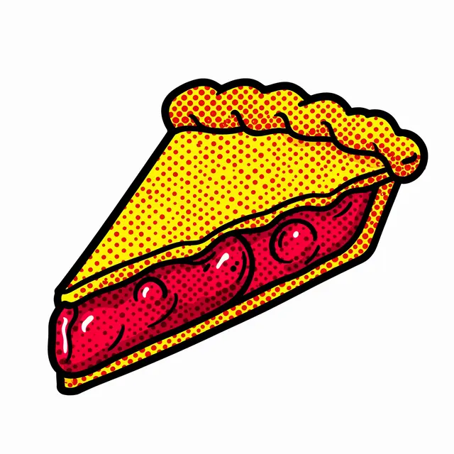 A pop art illustration of a cherry pie slice with thick black outlines and red halftone dots on a white background