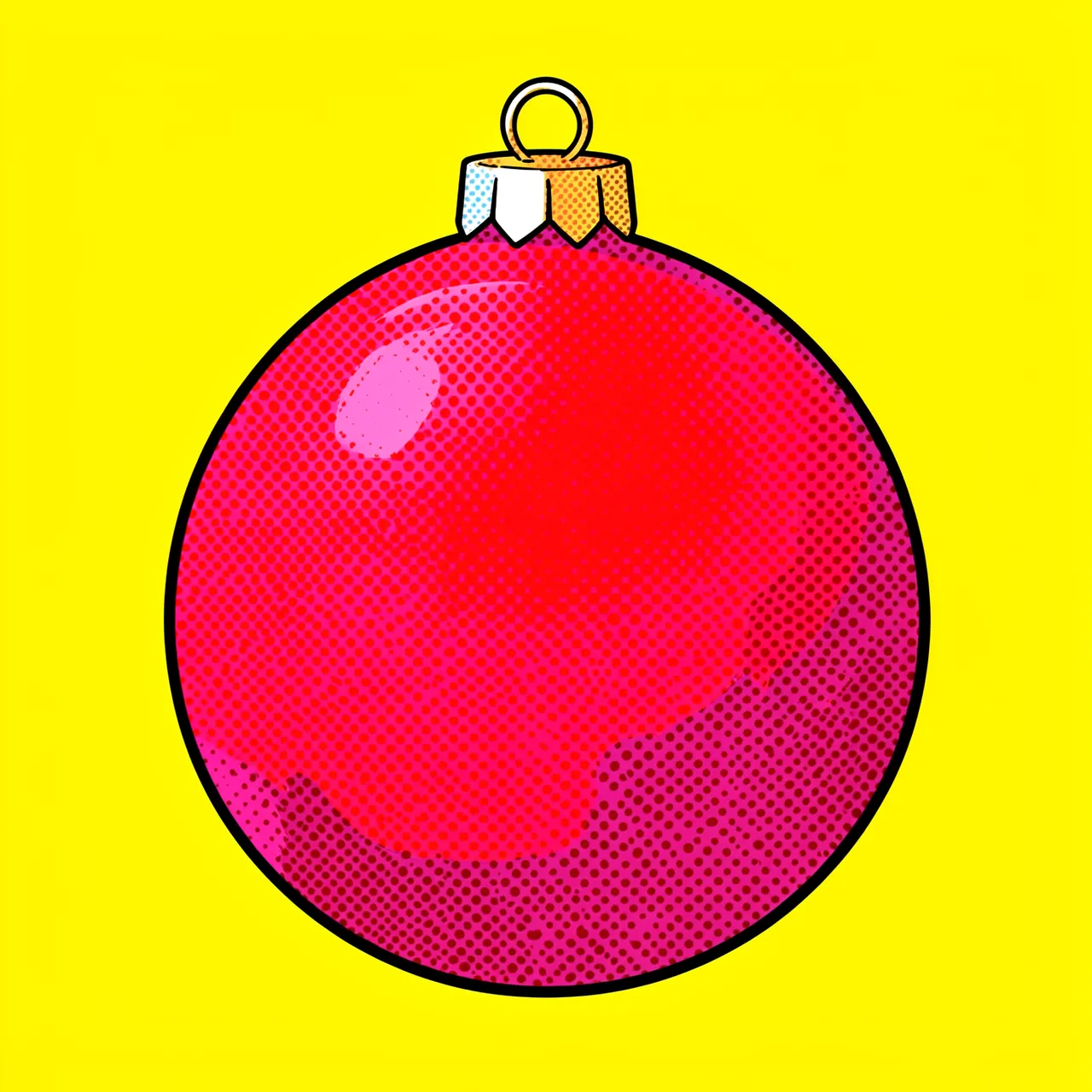 Halftone pop art Christmas bauble in red and pink set against a bright solid yellow background