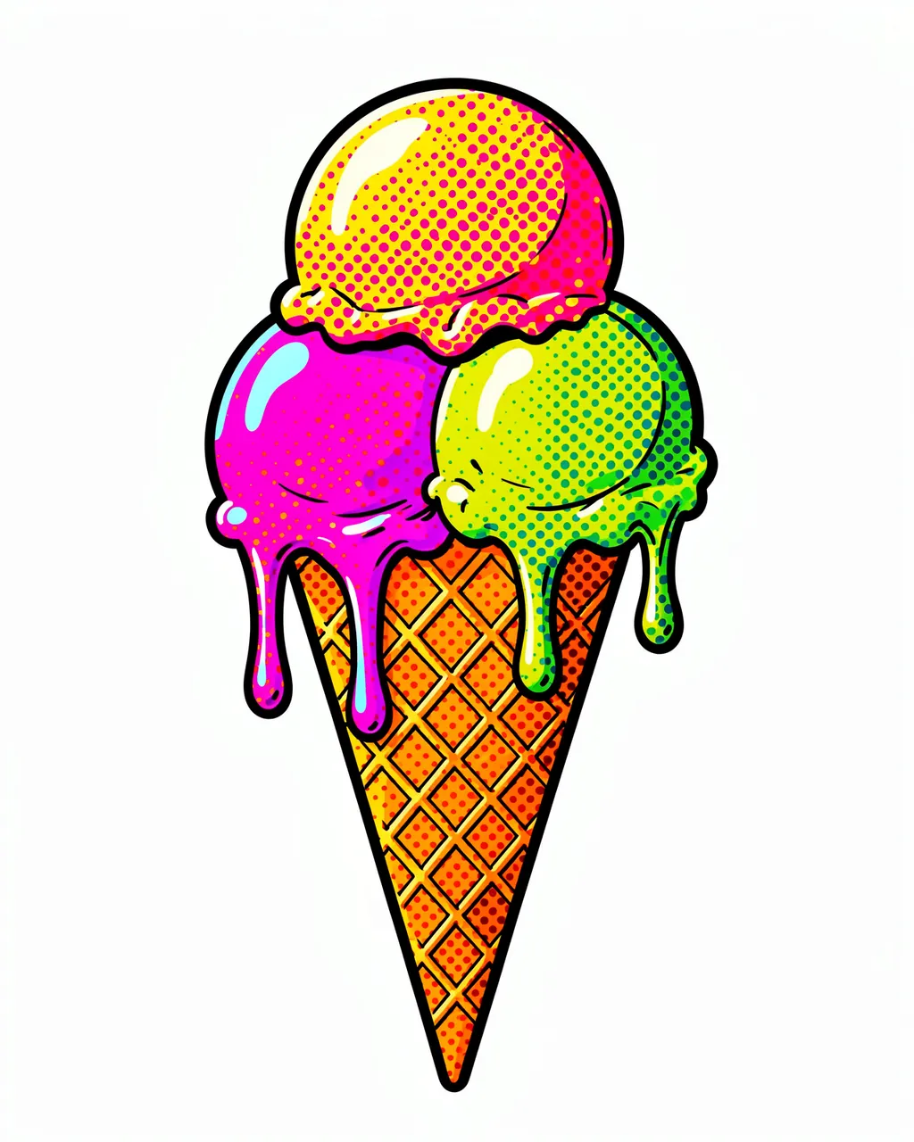 Pop art illustration of a waffle cone holding three dripping neon-hued ice cream scoops with halftone dot shading on a plain