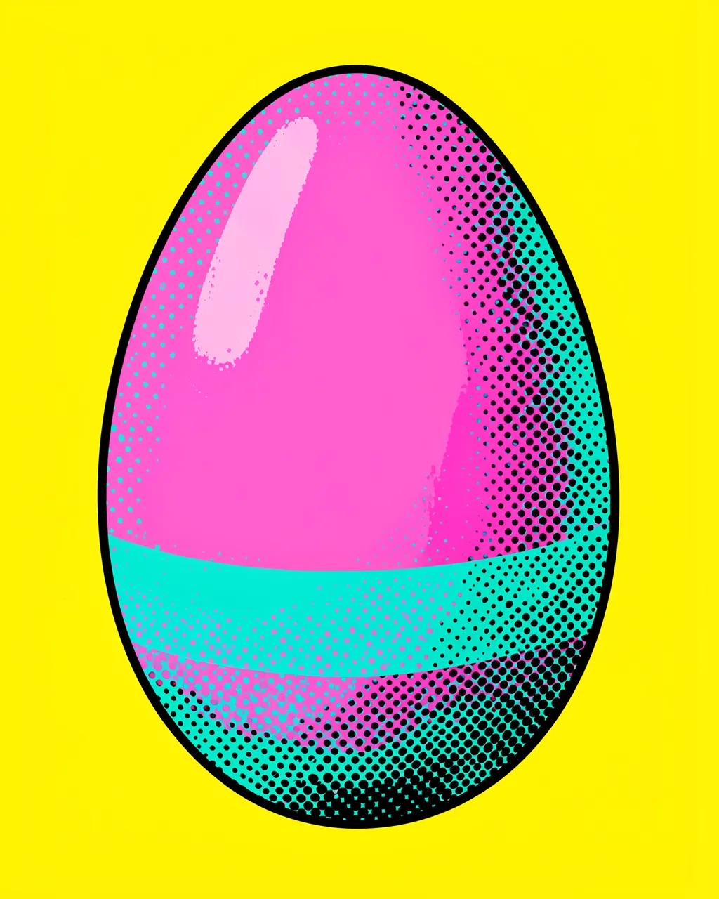 A halftone pop art Easter egg in pink and turquoise sits on a bright solid yellow background