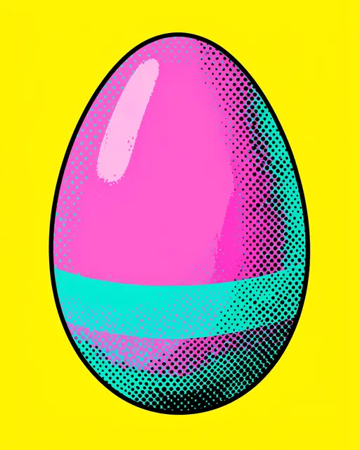 A halftone pop art Easter egg in pink and turquoise sits on a bright solid yellow background