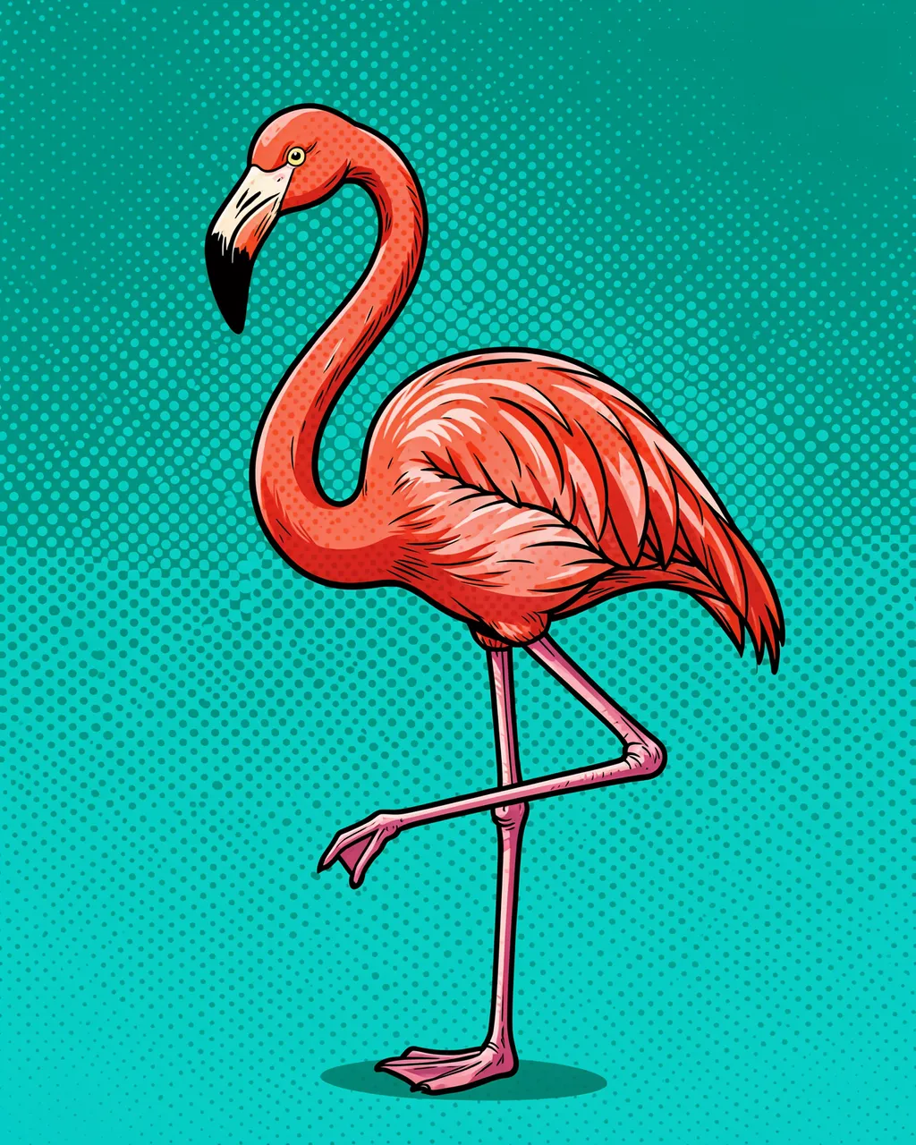 A pink flamingo standing on one leg against a teal halftone pop art background