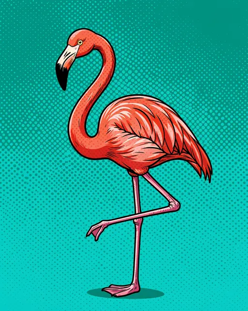 A pink flamingo standing on one leg against a teal halftone pop art background