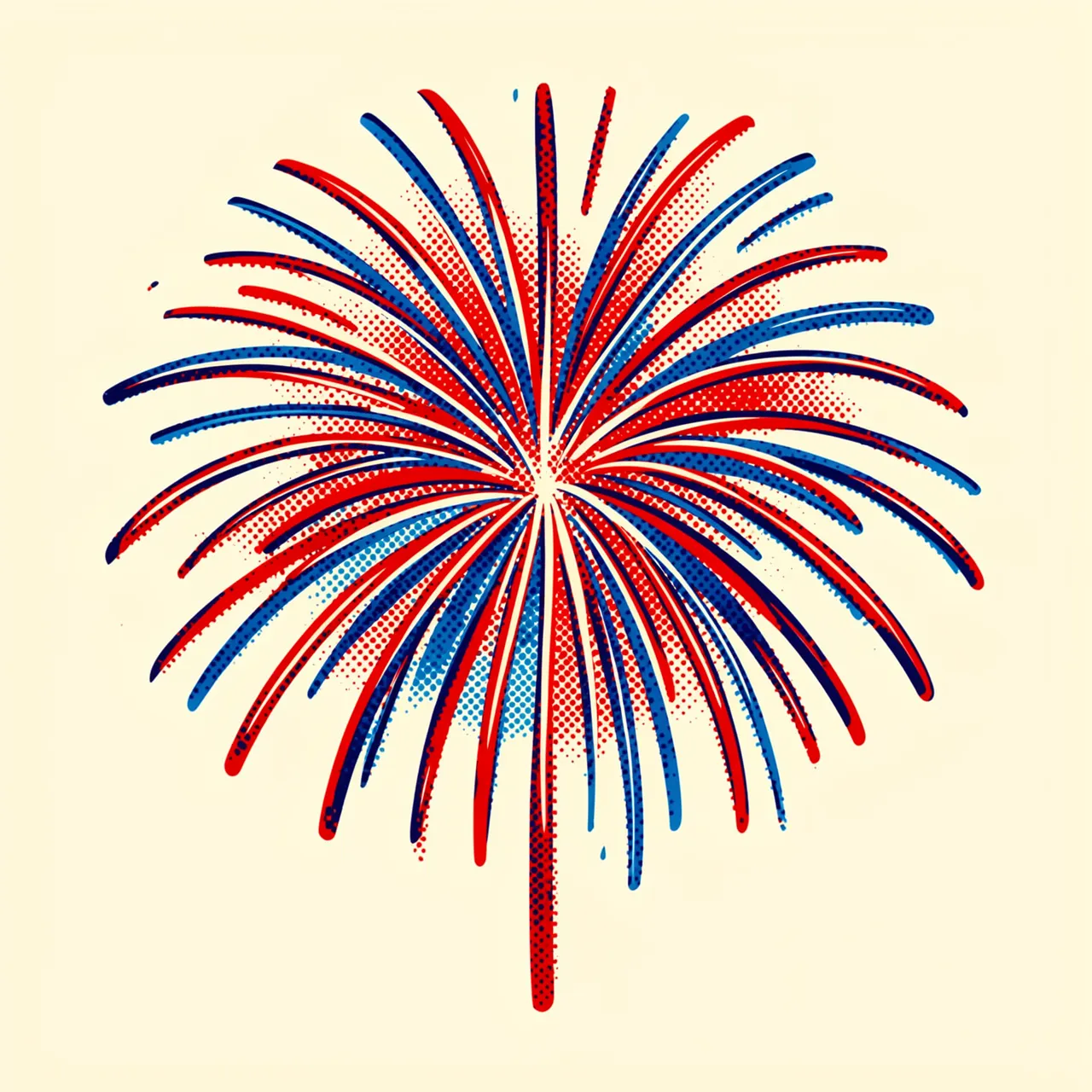 A red and blue halftone pop art firework bursts against a plain cream background