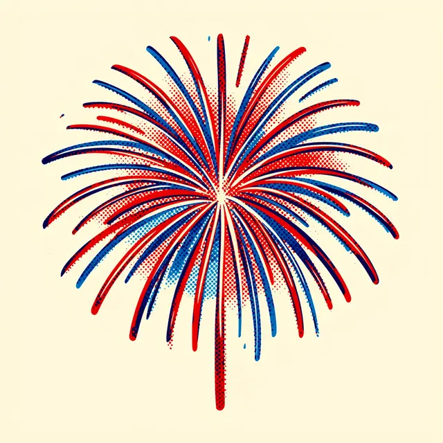 A red and blue halftone pop art firework bursts against a plain cream background