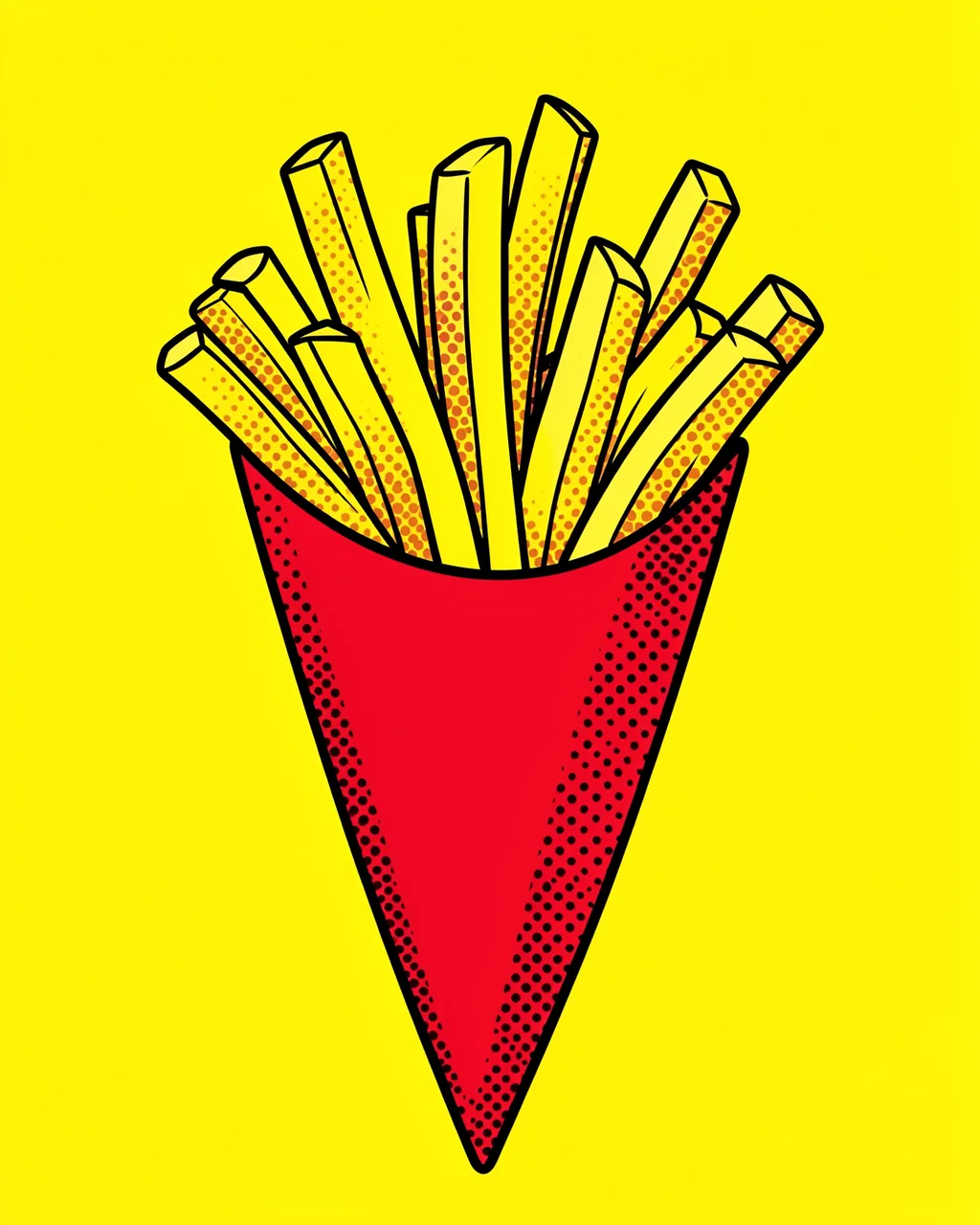 Pop art illustration of french fries in a red paper cone on a bright yellow halftone background