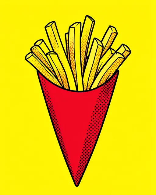 Pop art illustration of french fries in a red paper cone on a bright yellow halftone background