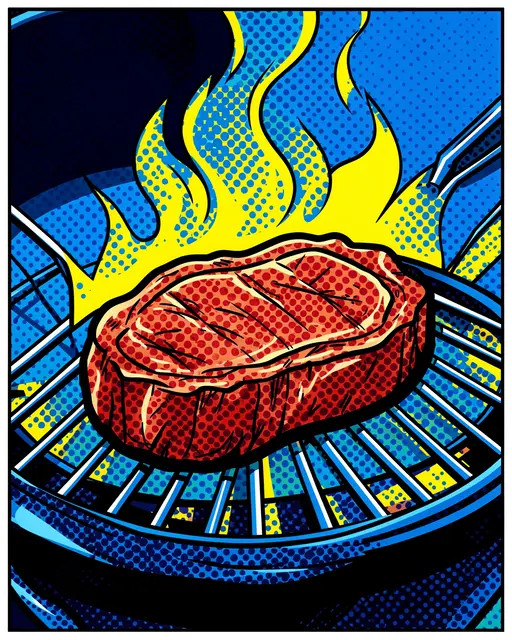 Bold halftone pop art illustration of a sizzling steak cooking over flames on a barbecue grill