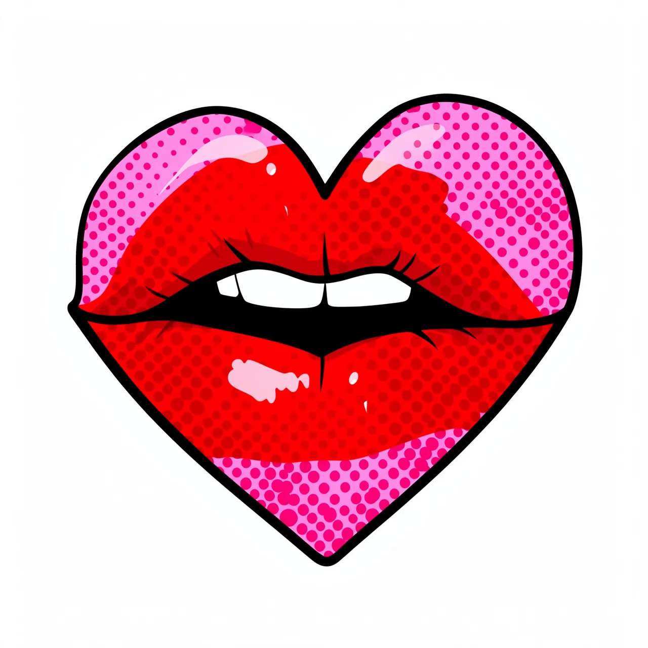 Bold pop art illustration merging glossy red lips with a pink halftone heart against a plain white background