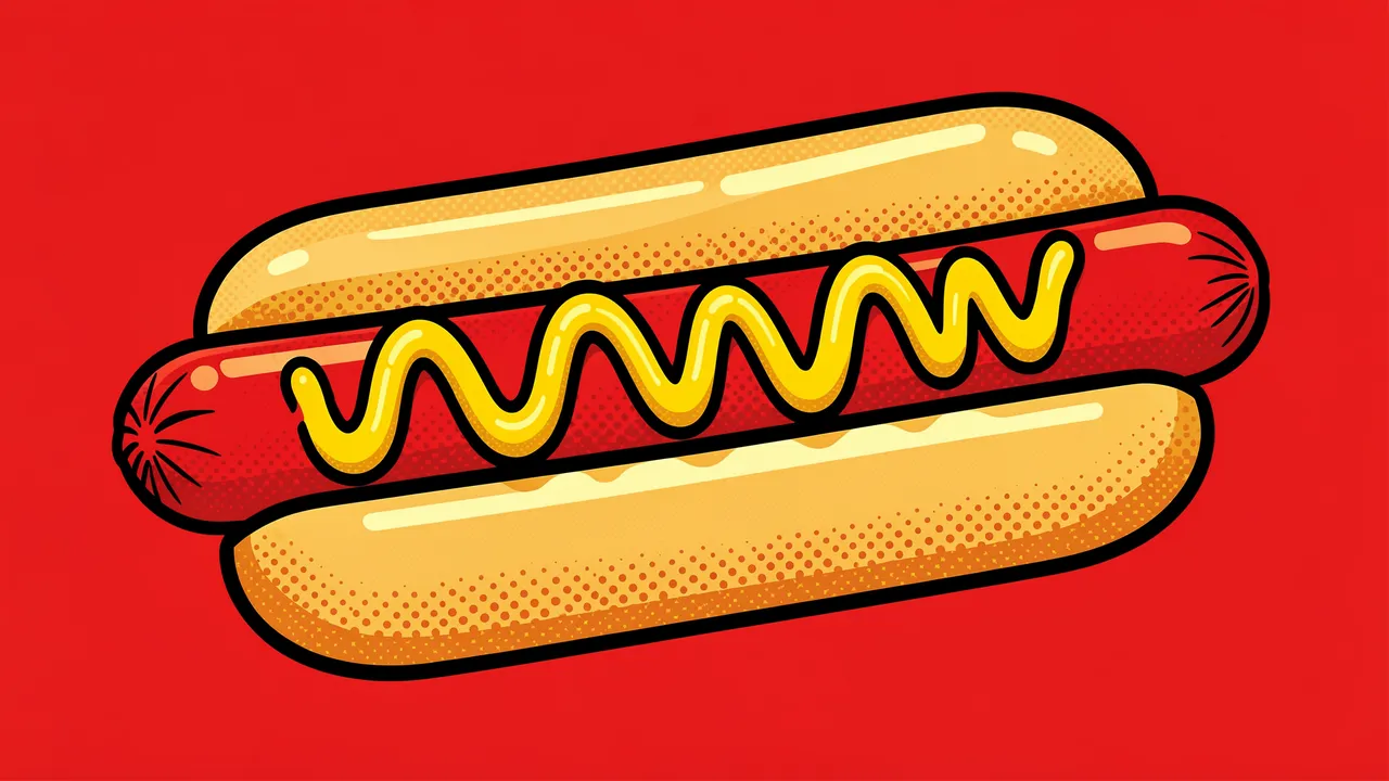 Pop art illustration of a hot dog with zigzag mustard on a solid red backdrop