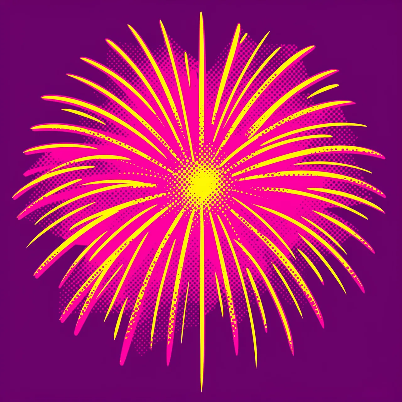 Halftone pop art style firework burst in hot pink and yellow against a deep purple background