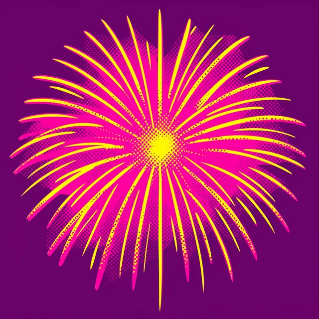 Halftone pop art style firework burst in hot pink and yellow against a deep purple background
